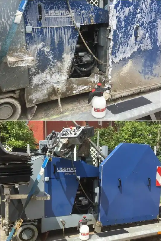 Før- og etterbilde av LISSMAC-maskin renset for betongrester med CreteBeater.