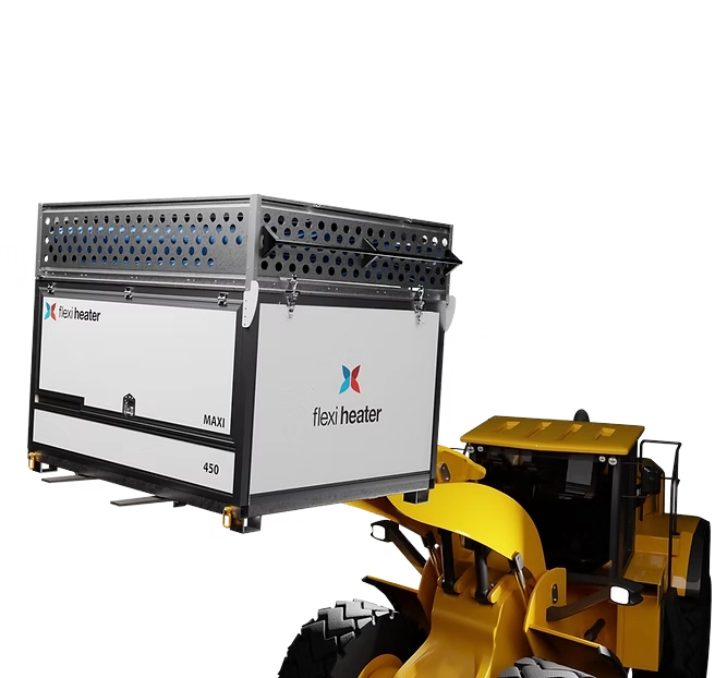 Flexi heater Maxi Container teletiner som løftes av en traktor